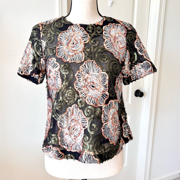 ENDLESS ROSE Mesh And Sequin Floral Cropped Blouse—SZ. Small - Picture 6 of 17
